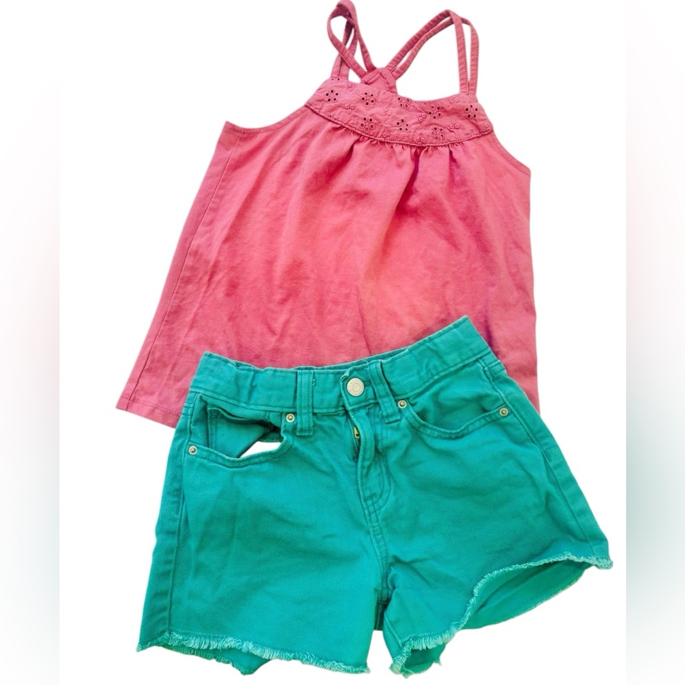 OshKosh B'gosh Rose Pink Eyelet Tank Top with Teal Denim Shorts 💚 3/$25